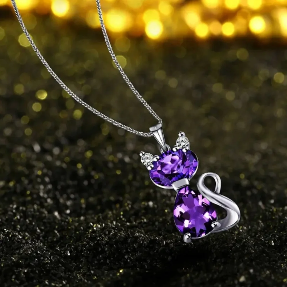 NEW Purple Cat Heart Necklace silver_4